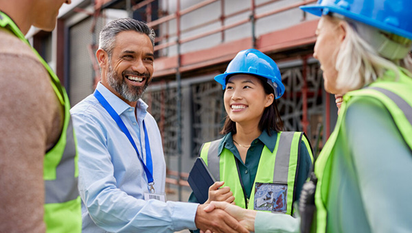 Construction worker and business man shakings hands